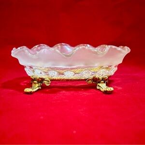 Vintage Ormolu Metal Gold Claw Footed Soap Dish Trinket Frosted Ruffle Edges